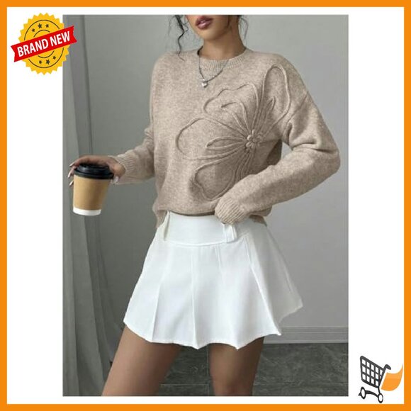 3D Floral Applique Crewneck Sweater Drop Shoulder Knit Top - Picture 3 of 6